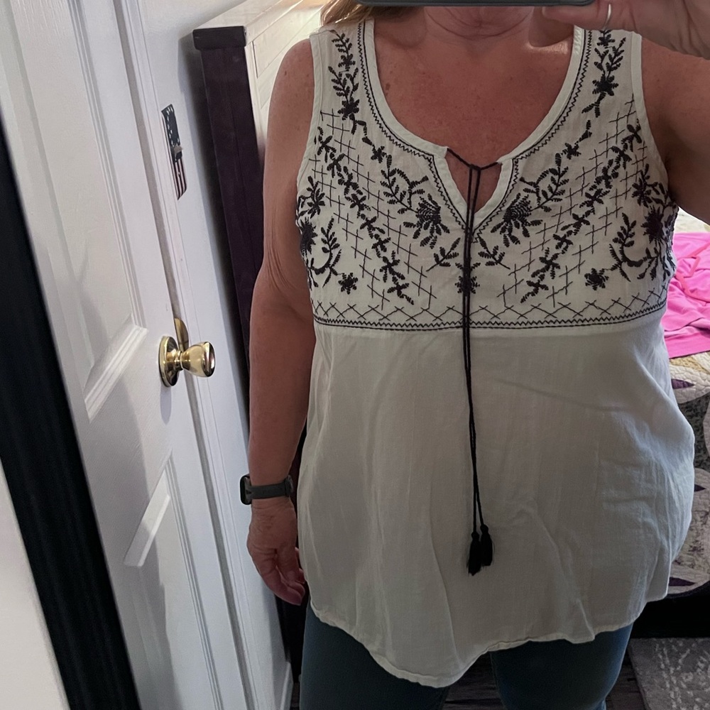 Beach Lunch Lounge white tank with black embroidered bodice